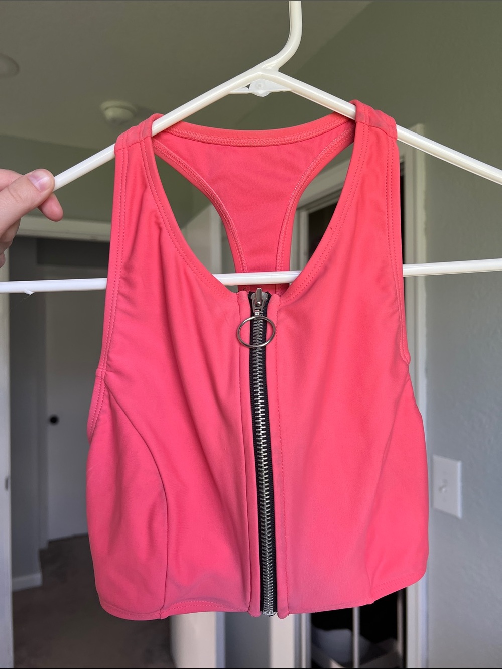 Coral Pink Front-Zip Racerback Bikini Top